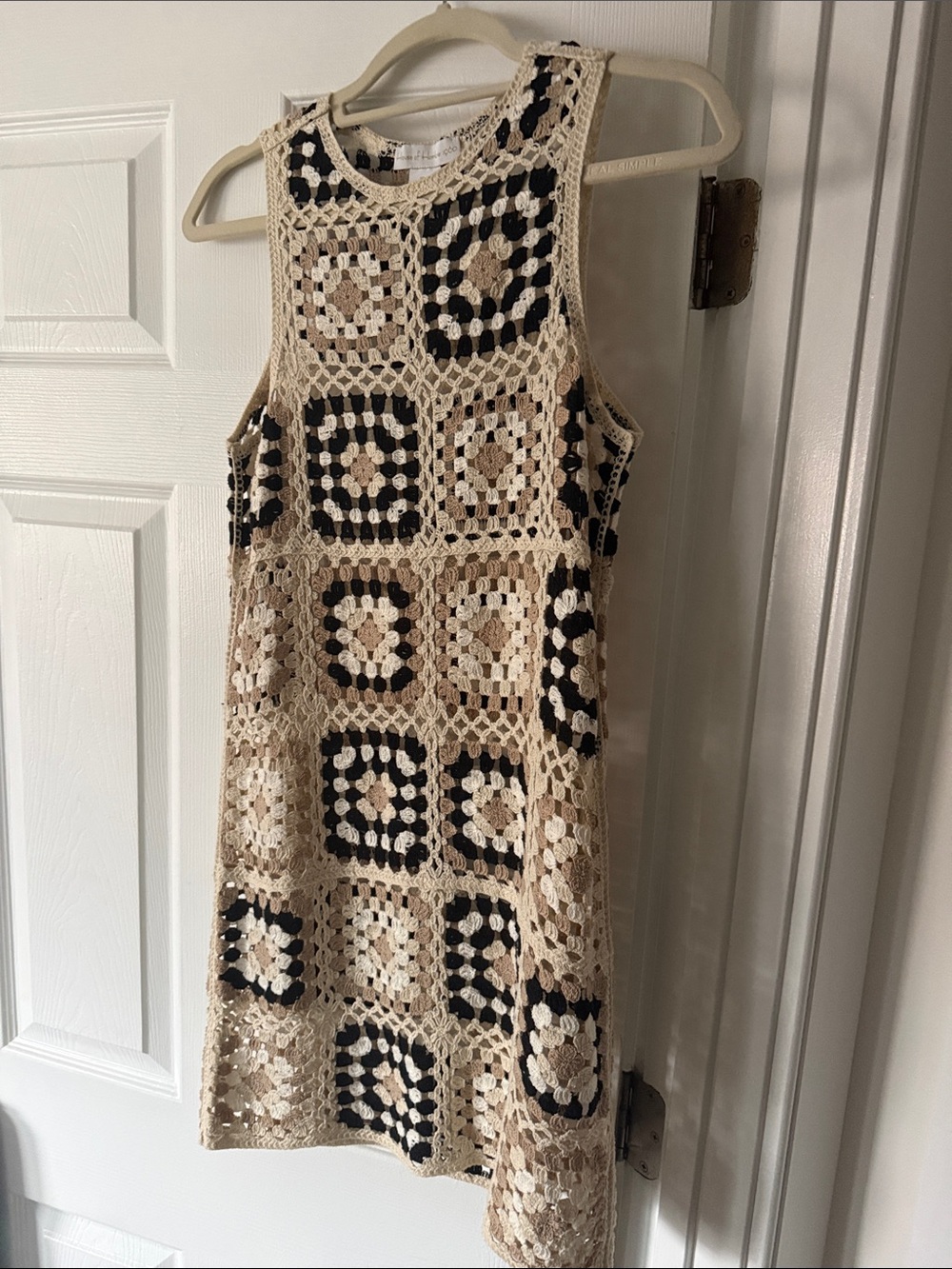 House of Harlow 1960 Crochet Square Midi Dress in Beige, Black & Cream